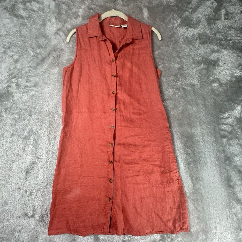 Adrienne Vittadini 100% Linen Red Sleeveless Button Down Pocket Dress Small